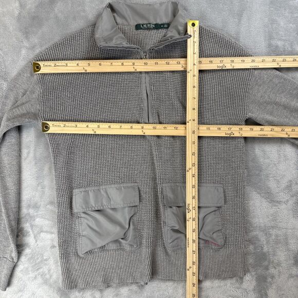 LRL LAUREN 100% COTTON KNIT GRAY SWEATER  Medium 2 Front Pockets - Picture 4 of 7